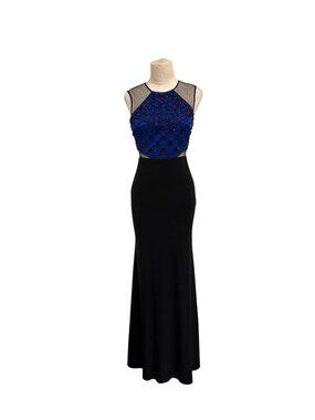 Xscape Joanna Chen Cobalt Blue Beaded Bodice Illusion Halter Mermaid Gown Black
